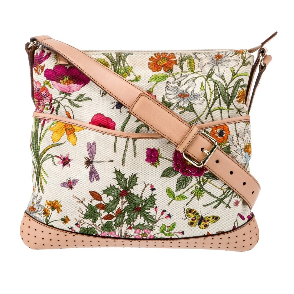 Gucci Flora Perforated Cream Crossbody Messenger Bag